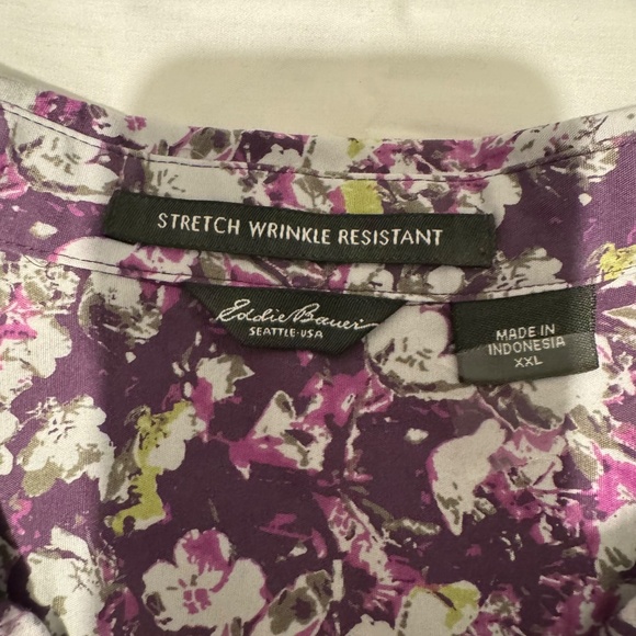 woman stretch wrinkle resistant floral purple / green long sleeve polo shirt - Picture 5 of 8